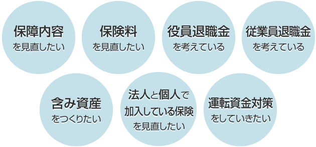 保障内容を見直したい、保険料を見直したい、役員退職金を考えている、従業員退職金を考えている、含み資産をつくりたい、法人と個人で加入している保険を見直したい、運転資金対策をしていきたい